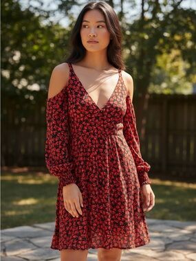 Disney Red Cold-Shoulder V-Neck Mini Dress with Floral Print